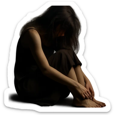 a girl sitting with her back slightly hunched, head lowered, hair spread messily over her shoulders and face, conveying sadness or deep thought, dim lighting, soft shadows, moody atmosphere, minimal or blurred background, simple dress, barefoot, expressive pose showing emotion through body language sticker