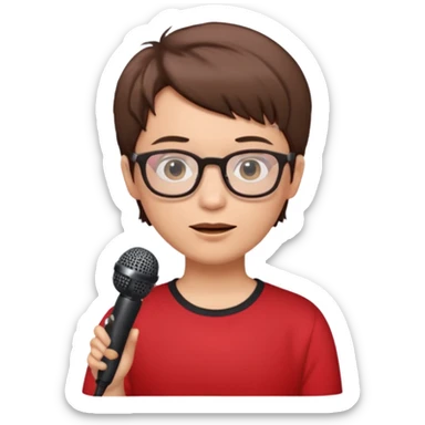 singer, Old, brown short hair, holding mic, red shirt glasses sticker