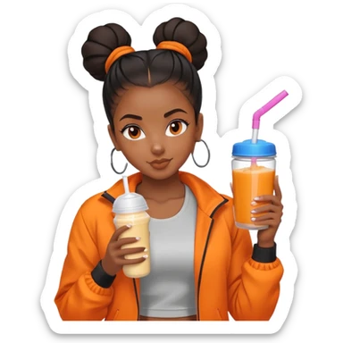 Black girl with orange jacket drinking pre workout shake middle part slick back bun sticker