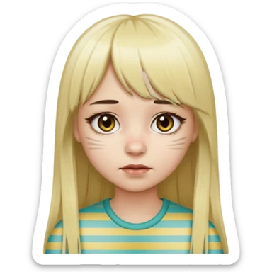 Girl with long straight dark brown hair and blonde striped streaks, with bangs. Light skin and dark eyes. Turn her into a cute zombie version — pale greenish skin, dark eyes, small wounds under eyes, keep her hair and mechas the same, emoji-style. sticker