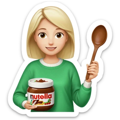 Blond woman with white and green pullover holds in one hand a big carriage of Nutella and in the other hand a oversized spoon which is in the carriage of Nutella sticker