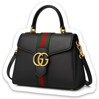 gucci bag, luxury designer handbag, gold accents, green and red stripe, elegant, high fashion, isolated, no background sticker