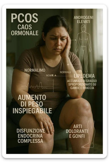 cinematic realistic Woman with PCOS struggling with hormonal chaos, transparent overlay showing elevated androgens and insulin resistance affecting her body, lipedema causing disproportionate fat accumulation in legs and arms despite normal torso, expression of frustration with unexplained weight gain, medical charts showing complex endocrine dysfunction, painful swollen limbs contrasting with metabolic confusion scrivi i testi in italiano sticker