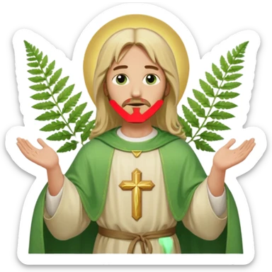 Jesus, green eyes, blonde hair, light green chasuble. opening arms, gazing thoughtfully. Soft light, subtle fern. Waist-up, profile. sticker