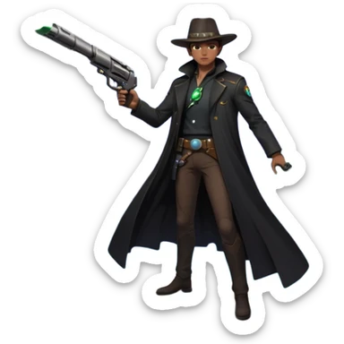 A mysterious alien gunslinger standing on a floating rock in space, cosmic nebula behind him, glowing energy revolver, long flowing coat in zero gravity, epic lighting, ultra detailed space western art
 sticker
