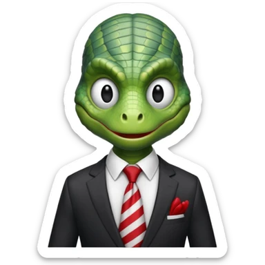 A reptilian humanoid dressing a suit, striped red and white tie, human emoji style, his face is seriously and sarcastic sticker