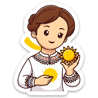 Young Ukrainian girl with brown hair wearing a white traditional embroidered shirt holding the sun in her hand sticker