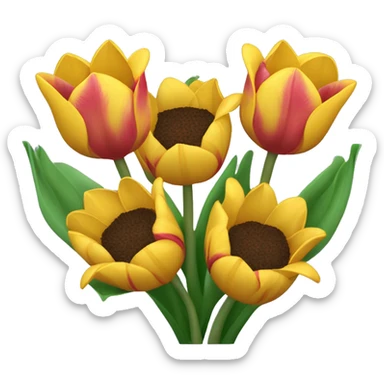 Ramo de tulipanes con girasoles y rosas morados  sticker
