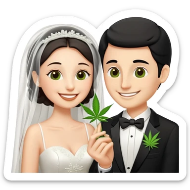 Bride in white dress and groom in tuxedo sharing a cannabis joint, cheerful cartoon wedding couple sticker