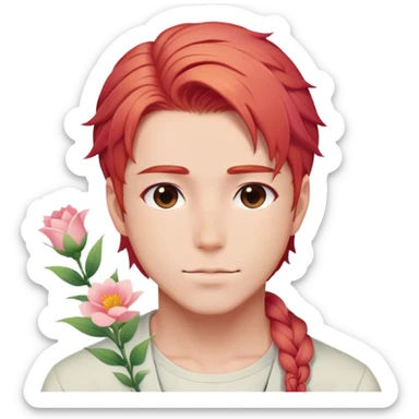 Gorgeous pastel red hair with a thin braid on the side anime style handsome sexy gojo guy with blushing face and flowers aesthetic trending style outside sticker