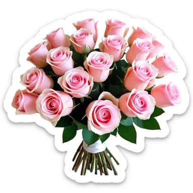 нежно розовый круглый букет в корзине, цветы в корзине: ранункулюсы, кустовые розы, розы одноголовые и цветущая ветка с нежно розовыми бутонами sticker