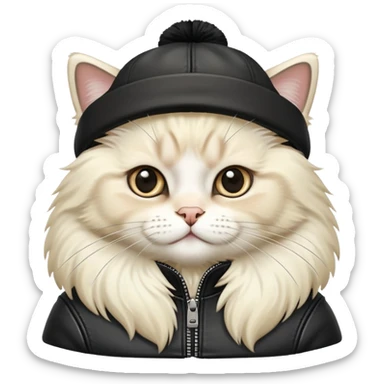 Ragdoll cat wearing a leather jacket and a beanie sticker