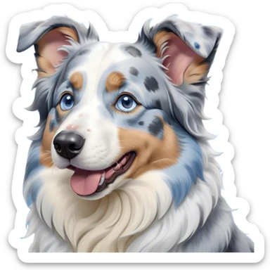 Cinematic Cute Yawning Blue Merle and White Australian Shepherd Portrait Emoji, Head tilted slightly with a dramatic, wide-open yawn, soft blue merle fur with crisp white accents, floppy ears slightly drooping, round blue eyes barely open in drowsy contentment, Simplified yet irresistibly adorable features, highly detailed, glowing with a soft, cozy glow, high shine, relaxed yet expressive, stylized with a touch of whimsy, bright and endearing, soft glowing outline, capturing the essence of a sleepy yet affectionate pup, so drowsy it feels like it could stretch right out of the screen and curl up for a nap! sticker