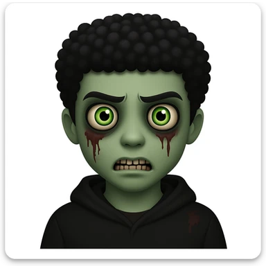 Change the hair to a Black hairstyle with tight curls or afro and add a black hoodie. Keep the boy zombie's green skin, emo vibe, and creepy expression. sticker
