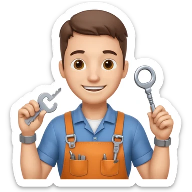 locksmith portrait, head and shoulders only, wearing work apron collar, holding a key near face, friendly confident smile, tool belt strap visible, 3D cartoon, mobile game icon style, clean background, no text, no watermark

 sticker