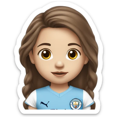 2 year old girl with long brown hair and eyes wearing Manchester City football shirt sticker