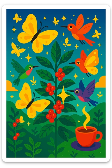 Add sparkling yellow butterflies hovering over the enchanted coffee farm, interacting with the plants and hummingbirds in a vibrant toon style. sticker
