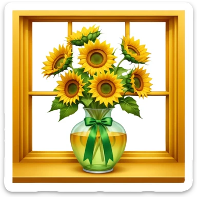 Still life, ultra detailed, realistic, large size window, in front of Beautiful bright large sunflowers in translucent vase, with green satin ribbon sticker