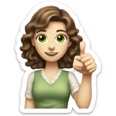Wavy, brown haired girl with green eyes and pale skin giving a big thumbs up sticker