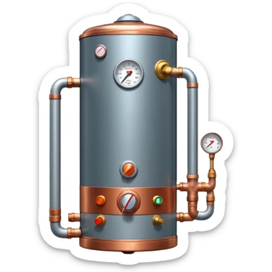 3D Pixar-style water heater unit with copper pipes and control knob, emitting a warm glow, realistic textures but friendly tone, front-facing, isolated on white

 sticker