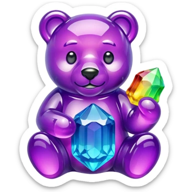 Rainbow Colored Gummybear holding a purple crystal sticker