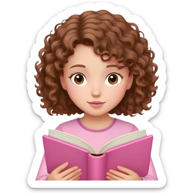 girly character with brown soft curly hair reading a pink book sticker