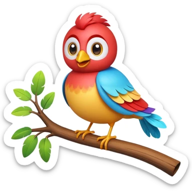 A colorful 3D cartoon bird perched on a small branch, bright feathers, round eyes, and cheerful smile, soft lighting, Memoji-style rendering. sticker