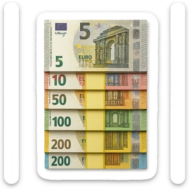 a stack of Euro banknotes viewed from the top, showing the bills' details and colors sticker