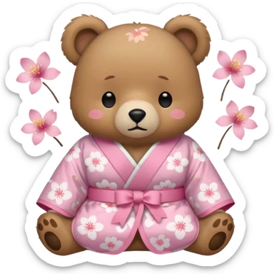 A cute light-brown bear wearing a pastel pink sakura-patterned kimono with a small ribbon on the back, normal balanced head and body proportions, sleepy half-closed eyes, mouth slightly open in a drowsy expression, tiny “zzz” floating near the head, a couple of sakura petals around
 sticker