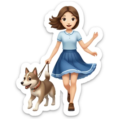A beautiful girl with fair skin wearing a skirt happily chases the Alaskan dog sticker