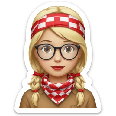 girl blonde hair, wear red and white checkered bandana, glasses sticker