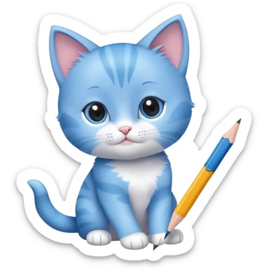A cute blue kitten writing something with a pencil. The kitten has a friendly expression and is focused on the task. Minimalist, modern design with a playful and charming vibe sticker