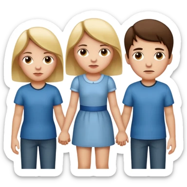 Apple iOS emoji style.
A girl holding hands with two boys at the same time, one on each side.
The girl has a suspicious, guilty expression, slightly turned eyes.
The boys look neutral and unaware.
Clean, minimal Apple emoji design, smooth gradients, rounded shapes. sticker