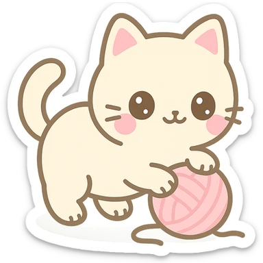 kawaii cat, playing with a ball of yarn, big sparkling eyes, pink cheeks, cute pose sticker