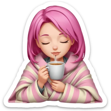 girl inside a blanket sipping coffee eyes closed pink hair sticker