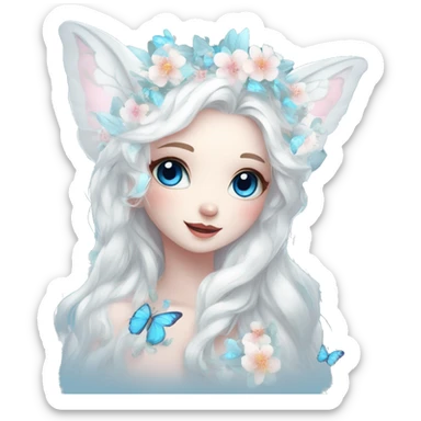 Cute gorgeous ethereal white fantasy animal with blue eyes sona with flowers and butterflies sticker