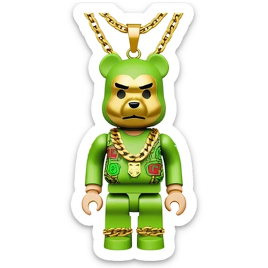 classic bearbrick figure with lime green mask covered in chaotic brand logos, wearing several large gold chains, gold pendant, rapper style accessories, expressive eyebrows sticker