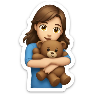 Girl with Brown hair and Brown eyes hugging a Brown teddy bear sticker