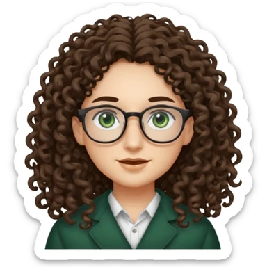 rapariga, olhos verdes escuros, rosto retangular, cabelos muito compridos aos caracóis, com óculos sticker