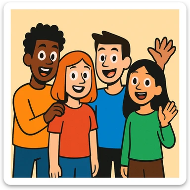 a group of friends, cartoon style, cheerful, diverse, standing together sticker