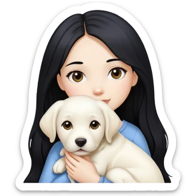 A beautiful girl with long black hair and fair skin is holding a white Labrador sticker