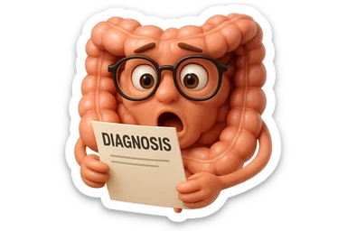 EMOJI STILE IPHONE DI UN INTESTINO CON GLI OCCHIALI CHE LEGGE UN FOGLIO CON LA SCRITTA DIAGNOSI, ESPRESSIONE STUPITA IN VOLTO, IPERREALISTICO 4K sticker