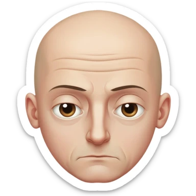 Steven Miller, bald, intense scowl, very narrow rectangular head, bottom lip sticking out, eyelids nearly shut and drooping on the outer sides sticker
