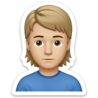 boy with dark blonde hair in a mullet with a neat blue shirt sticker