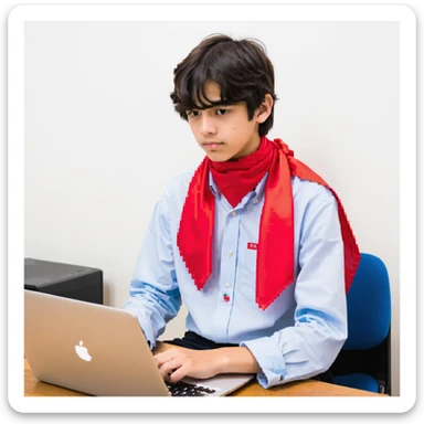 Soviet young pioneer with red neckerchief sitting at a laptop computer sticker