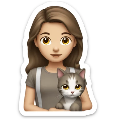 young girl with brown hair and cat brown gray and white sticker