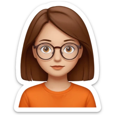 brown hair woman with round glasses orange shirt no smile sticker