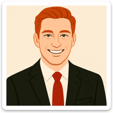 Headshot of a red-haired man in a black suit with a red tie, smiling, showing only the head and a bit of the torso, no beard, clean modern illustration style. sticker