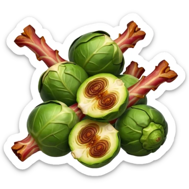 realistic charred Brussel sprouts with cooked pieces of bacon sticker