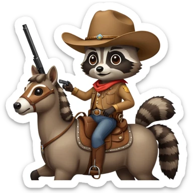 Racoon with a cowboy hat, two pistols, and riding a horse sticker